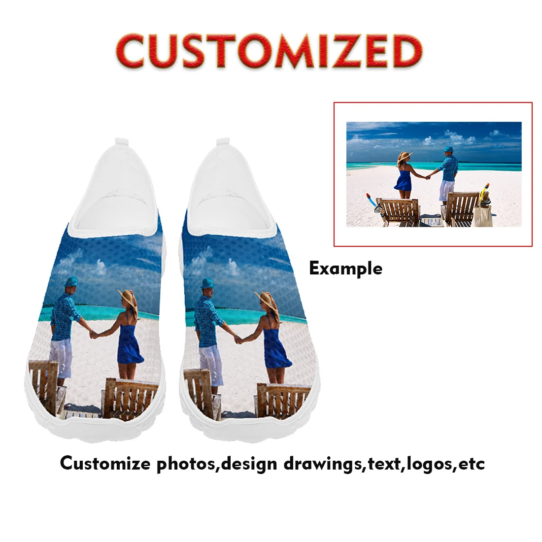 

Summer mesh shoes, lightweight and breathable, customizable with logos, text, and patterns.