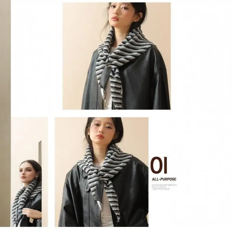 Weicher, flauschiger, schwarz-weiß gestreifter Kapuzenmützen-Schal, warm und winddicht für den Winter, Outdoor, Pendeln und den täglichen Gebrauch. – Detail 10