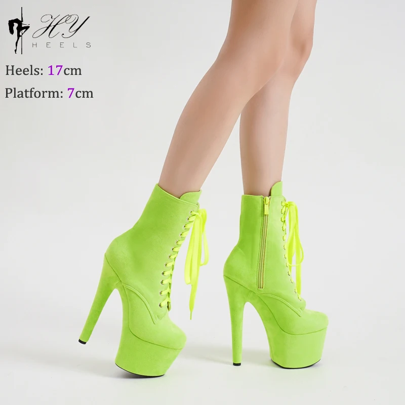 17cm Neon Green Suede Pole Dancing Boots High Heel Platform Ankle Booty for Women Autumn Winter Fashion Sexy Knight Female Shoes