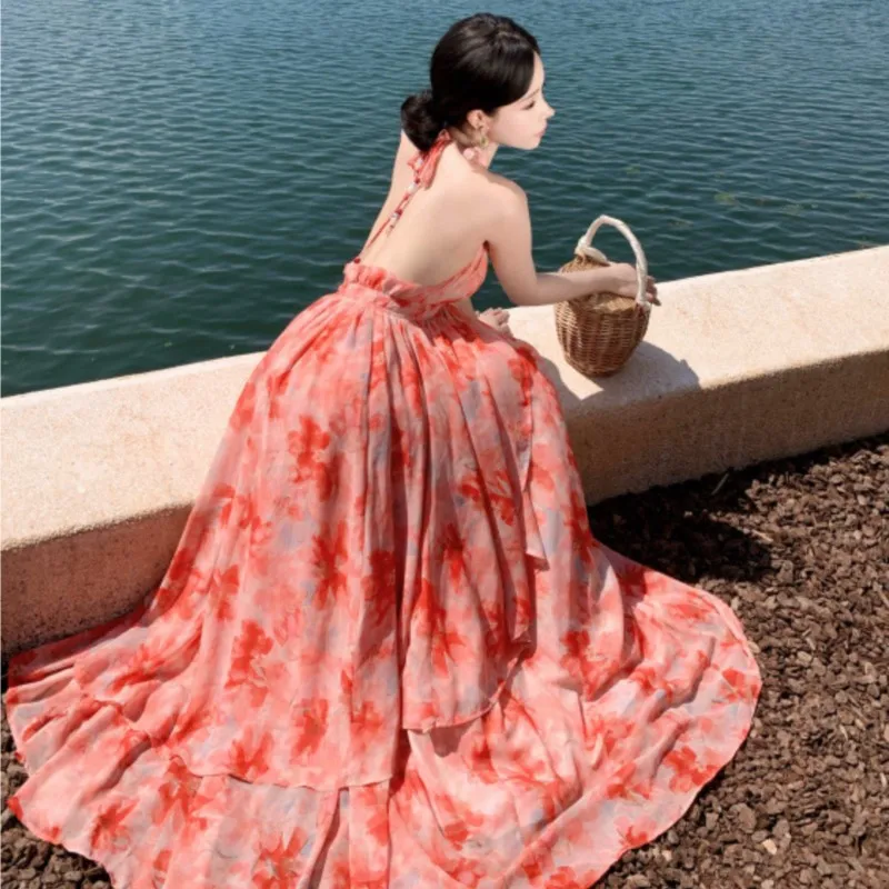 Falda grande de estilo bohemio, vestido de vacaciones junto al mar con estampado de flores, vestido con cuello en V para mujer, vestido largo de playa de verano 2025