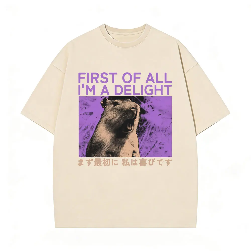 

First of All I'm A Delight T-shirt Funny Japanese Style Capybara Vintage Washed T Shirts Men Women High Quality Cotton T-shirts