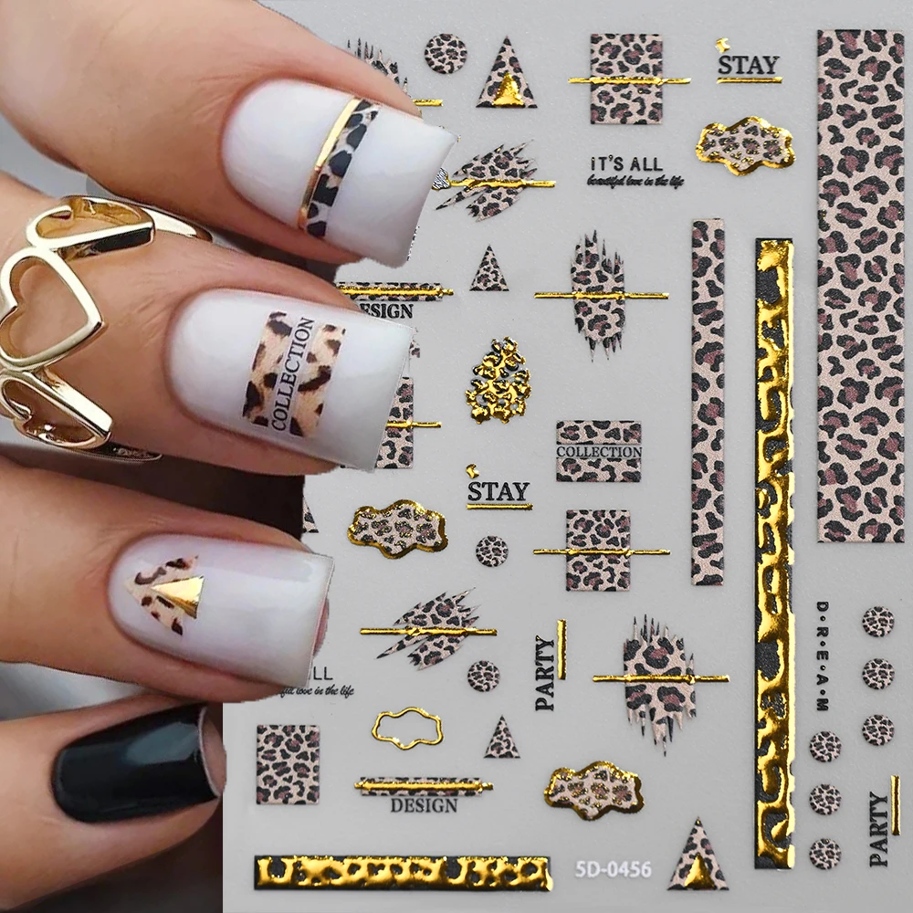 

1Pcs 5D Embossed Retro Leopard Print Nail Art Stickers Metal Bronzing Gold Line Loepard Nail Decal Sexy Leopard Manicure Slider