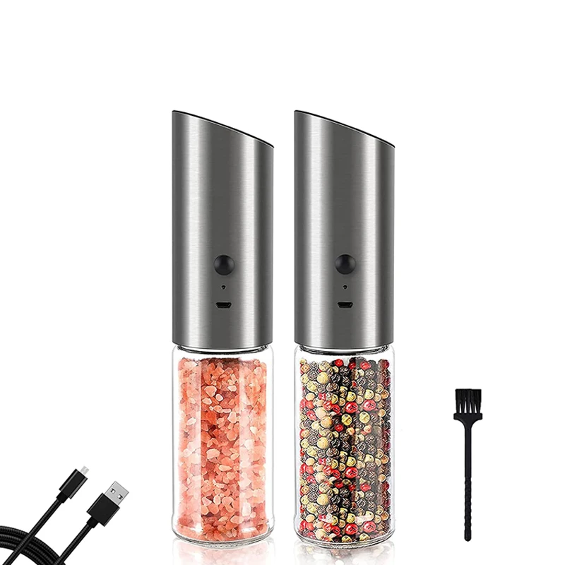 

Wholesale USB Rechargeable Ceramic Burr Manual Spice Mill Gravity Electric Salt and Pepper Grinder Set with LED Light