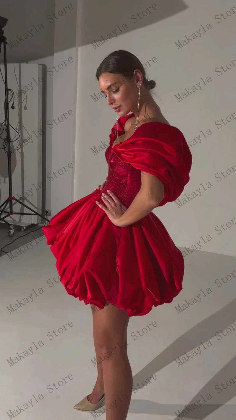 Red Pretty Elegant Party Dresses Off Shoulder Ruffles Satin Ball Gown Short Mini Length Women Evening Cocktail Gowns Custom Made