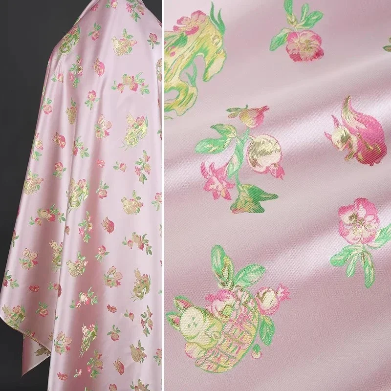 

Light Pink Gold Threaded Bunny Squirrel Peach Brocade Jacquard Fabric Cute Kids Coat Glossy Cloth Spring Fashion