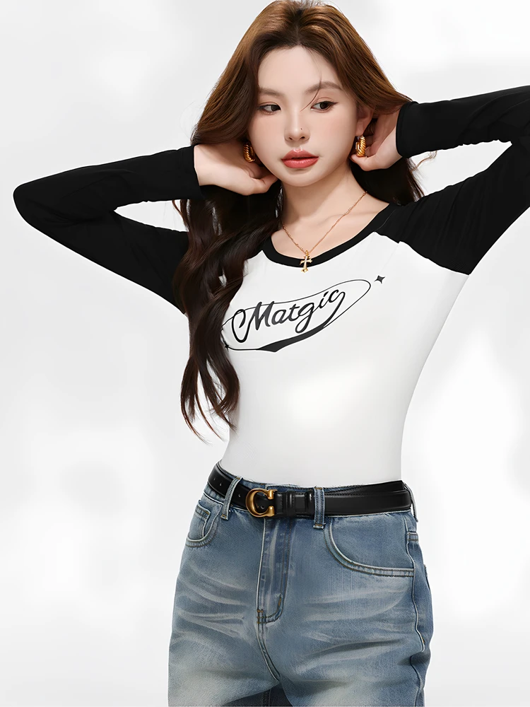 

Women's Slim Fit ort Sve T-irt Color Blo oulder Insertion Waist Cinching Autumn New Sle Base irt Inner Wear Top