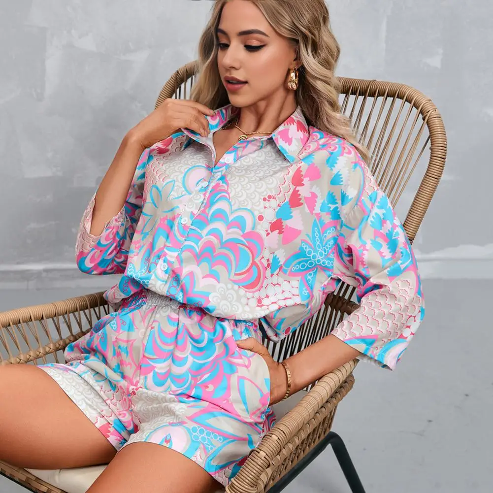 Three Quarter Sleeve Shirt Women Two-piece Set Floral Printed Women\'s Shirt Shorts Set Stylish Lapel Collar Loose Fit for Outfit