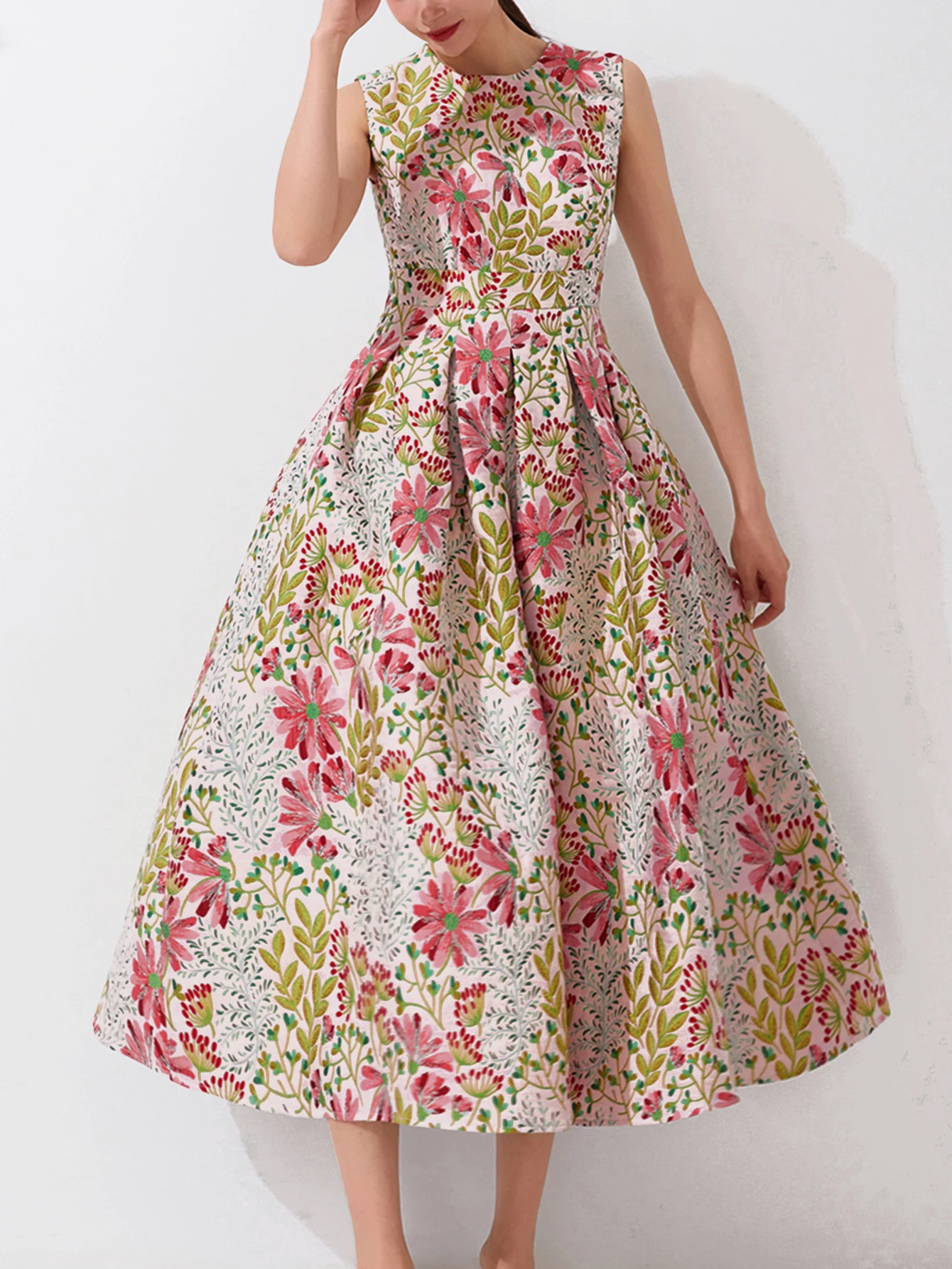 여성용 빈티지 민소매 긴 맥시 원피스, 우아한 여성 보호 자카드 꽃 탱크 파티 드레스, 슬림 베스티도, 여름