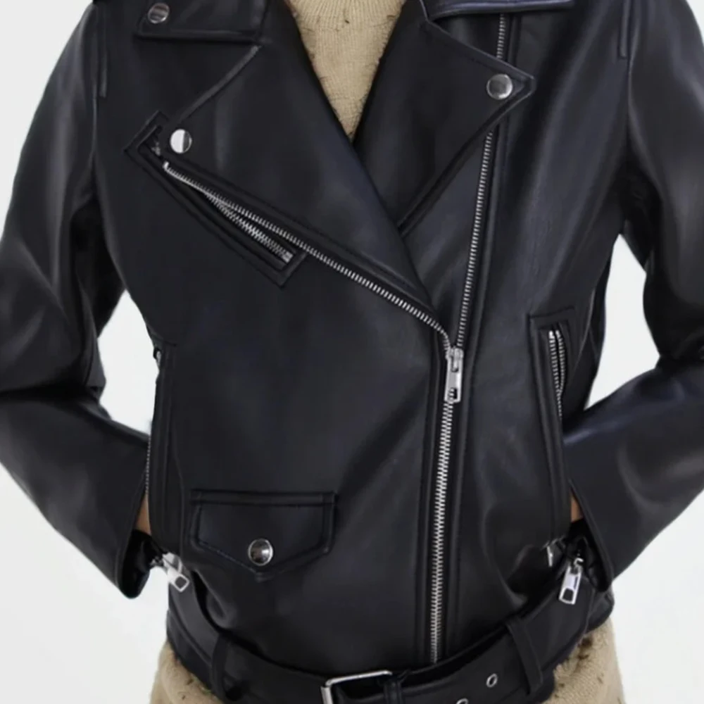 Retro Motorcycle Leather Jacket with Belt 2024 Woman Slim PU Leather Jacket Casual Winter Zipper Coat Streetwear Outwear