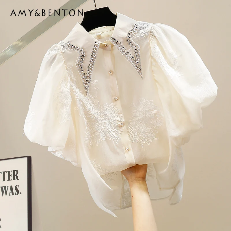 

Heavy Industry Handmade Beaded Diamond Pointed Collar Sweet Puff Sleeve Embroidered Short Sleeve Shirt Fashion All-Match Blouse