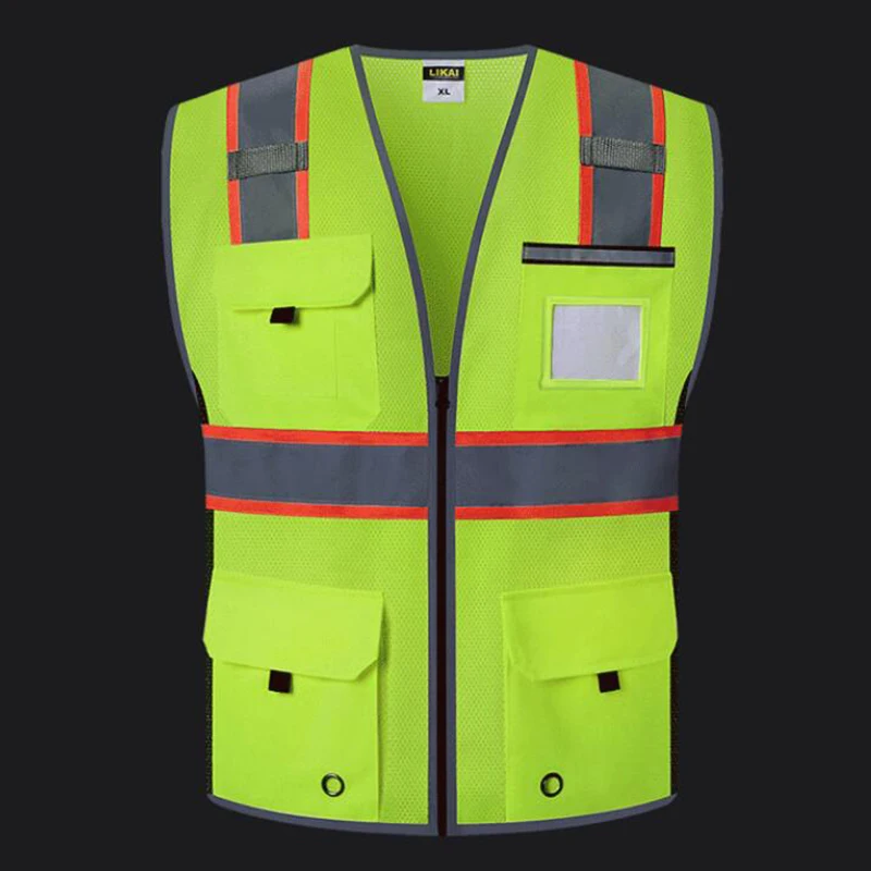 Safety Vest Class 2 High Visibility Reflective with Zipper Multi Pockets Construction Security Climbing Traffic Engine Vest