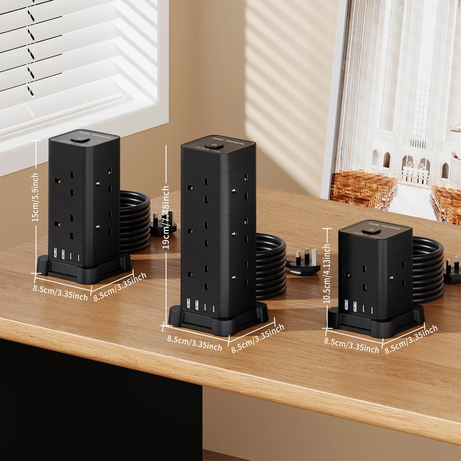 

UK Surge Proof 3M Tower Extension Cord with USB Slot 12A 3250W PD18W Switched Plug and Socket, Home Office Available