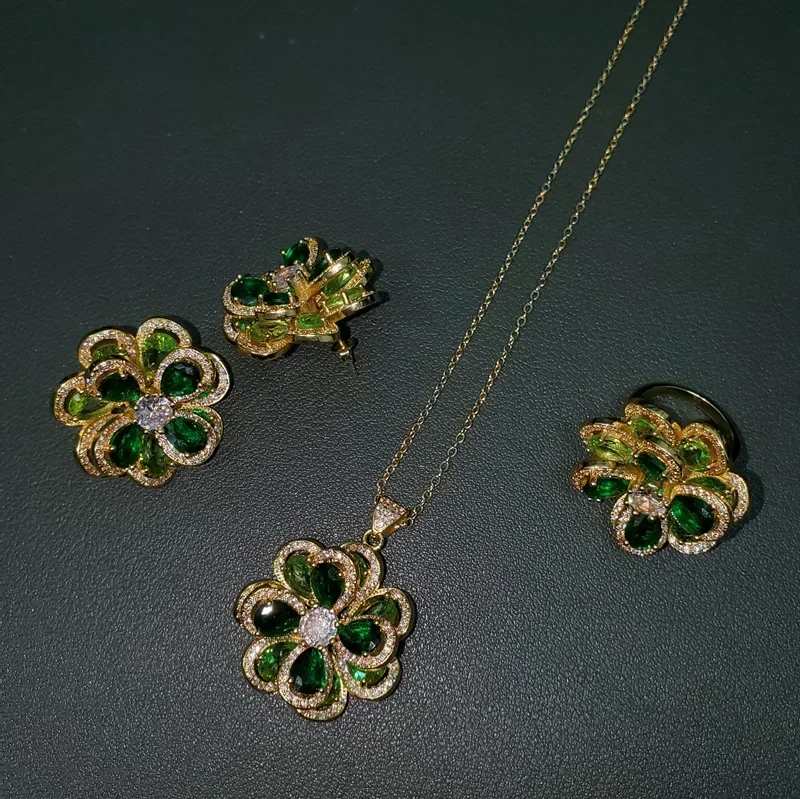 High Quality Luxury MDL Moissanite Style Heavy Duty Oversized Tourmaline Flower Set Women Camellia Flower Pendant Green Spinel R