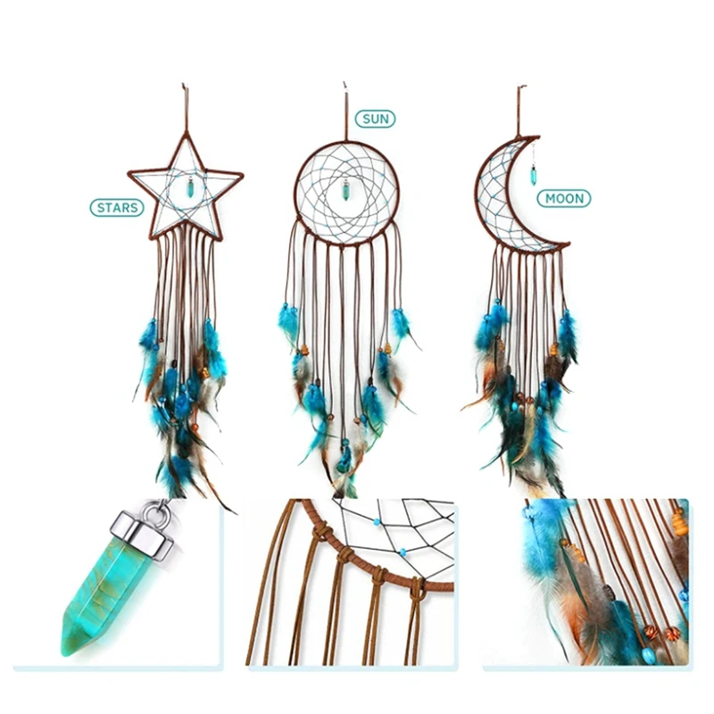 3 Pieces Dream Catcher Kit With Light Moon Star Design Handmade Feather Lucky Turquoise Pendant Beads Wall Hanging Ornament Kit