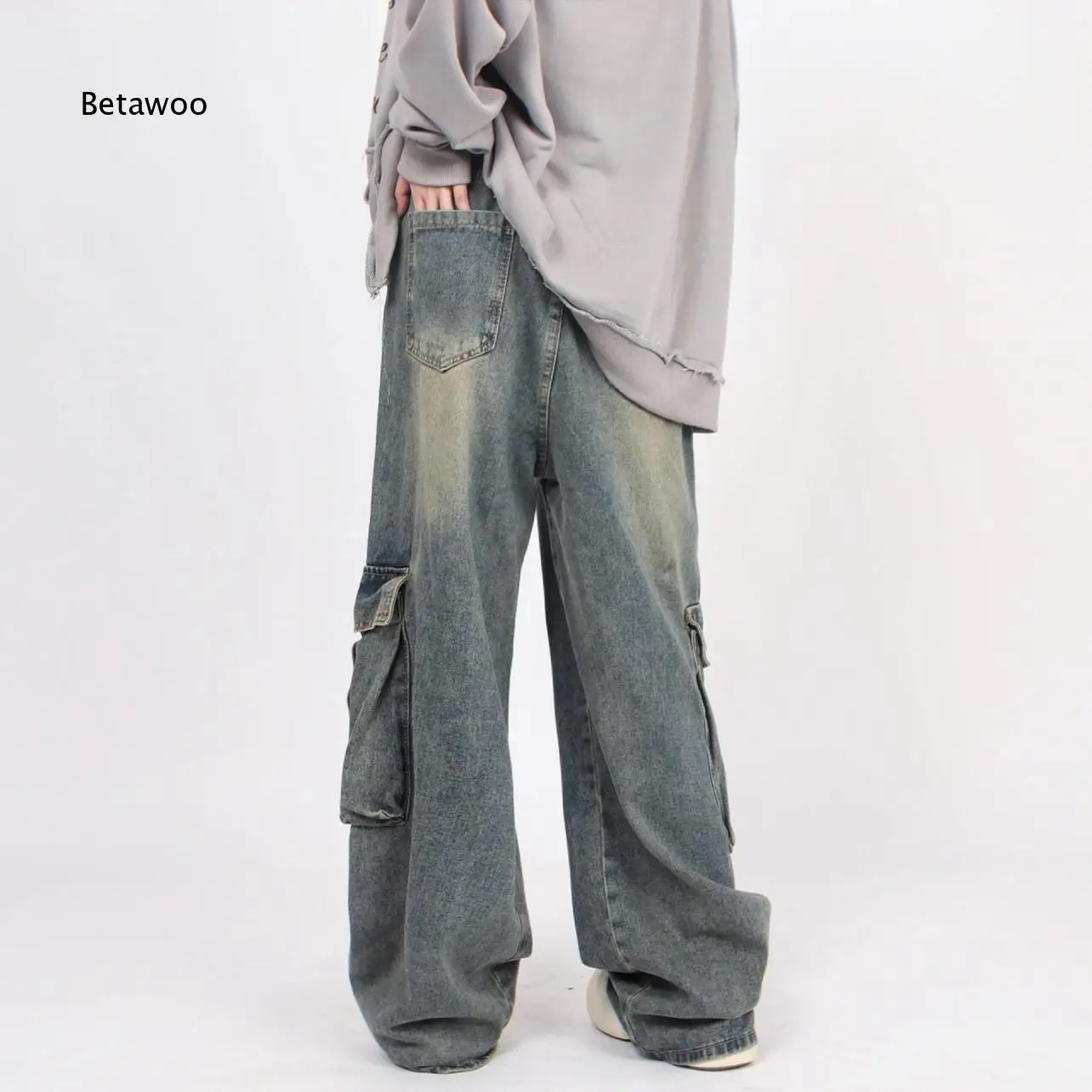 Men American Street Style Washed Denim Jeans Big Cargo Pockets Wide Leg Design Loose Straight Cut Trousers For Spring Autumn Da