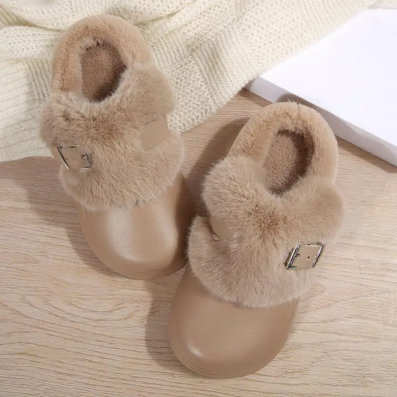Wasserdichte EVA-Hausschuhe mit dicker Sohle und Fellbesatz für Damen, Winter 2026, mit Metallschnalle, flauschige Fell-Clogs, warme Plüsch-Hausschuhe für Frauen – Detail 8