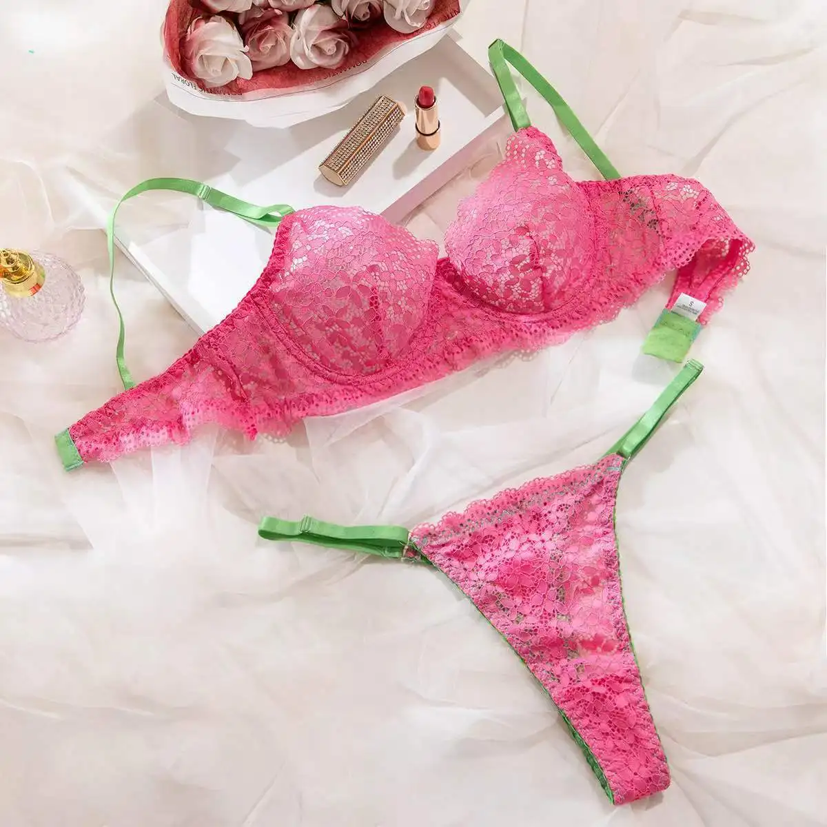 Women Floral Lace Sheer Lingerie Set 2Pcs, Christmas Gift for Her, Underwire Transparent Bra & Thong Holiday Intimate Nightwear