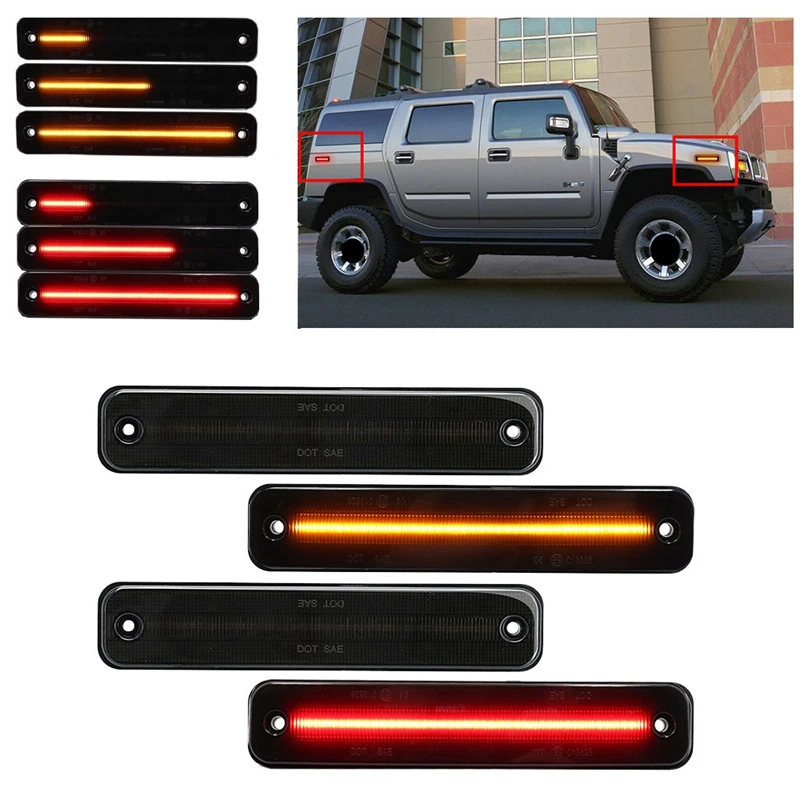 For 2003-2009 HUMMER H2 Smoked Front Rear LED Side Marker Light Kit Amber Red Turn Signal Dynamic Flowing LED Lights