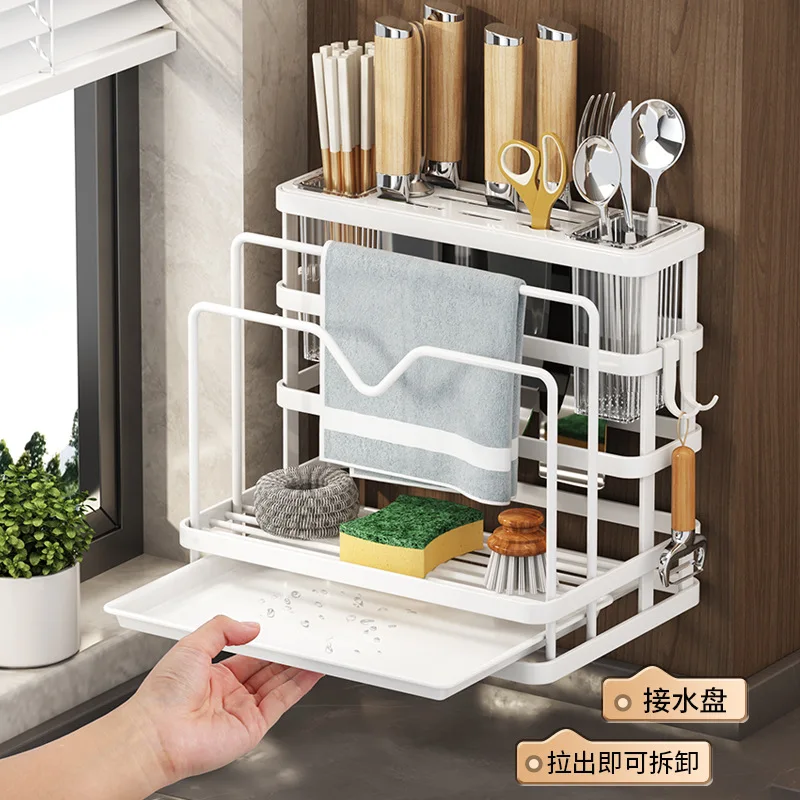 Kitchen Storage Shelf MultiFunction Kitchen Knife Stand Holder Sink Storage Rack Stainless Steel Soap Sponge Holder Towel Rack