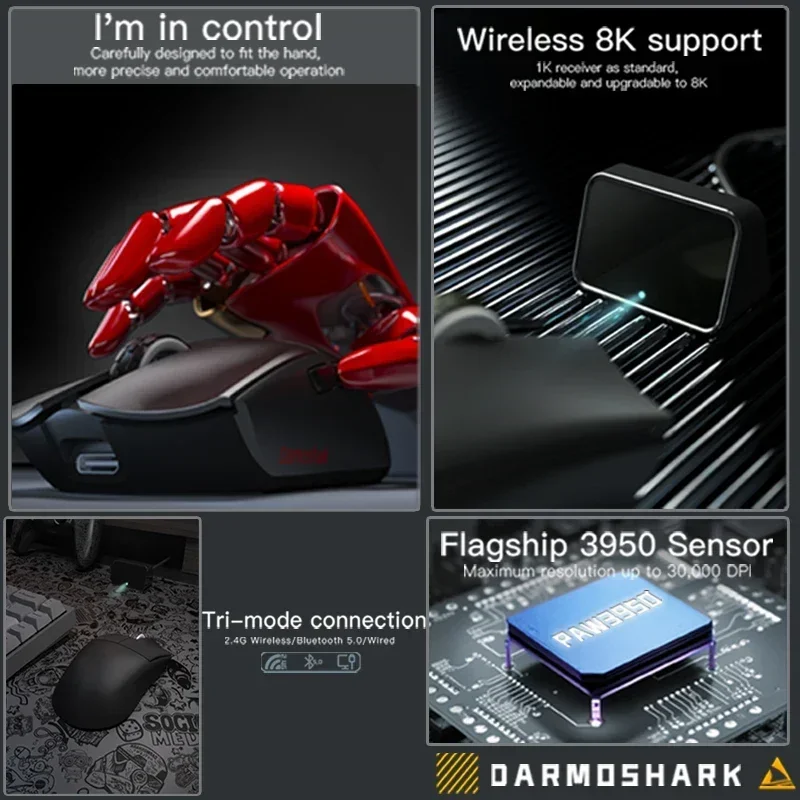 Darmoshark M3PRO MAX PAW3950 2.4G Wireless Bluetooth Gaming Mouse 30000 DPI Optical RGB Mice For Computer Laptop PC Gamer