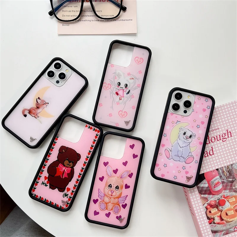 

Wildflower wf Wild Flower Girl Phone Case for iPhone 15 14 13 12 16 Pro Max Plus 15plus 3D WF Metal Bear Rabbit Cartoon Cover