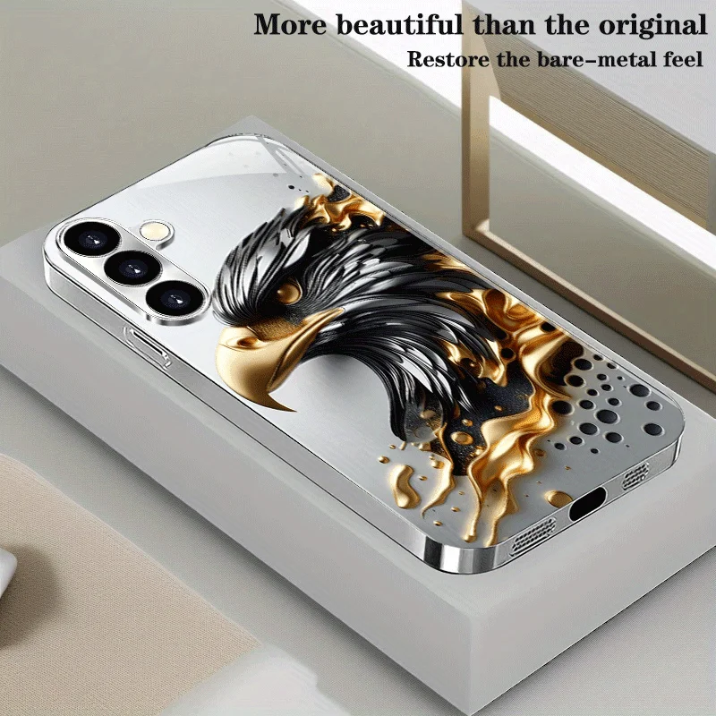Black and gold eagle pattern electroplated silver tempered glass new phone case for Samsung Galaxy S25/S24/S23/S22/S21/S20