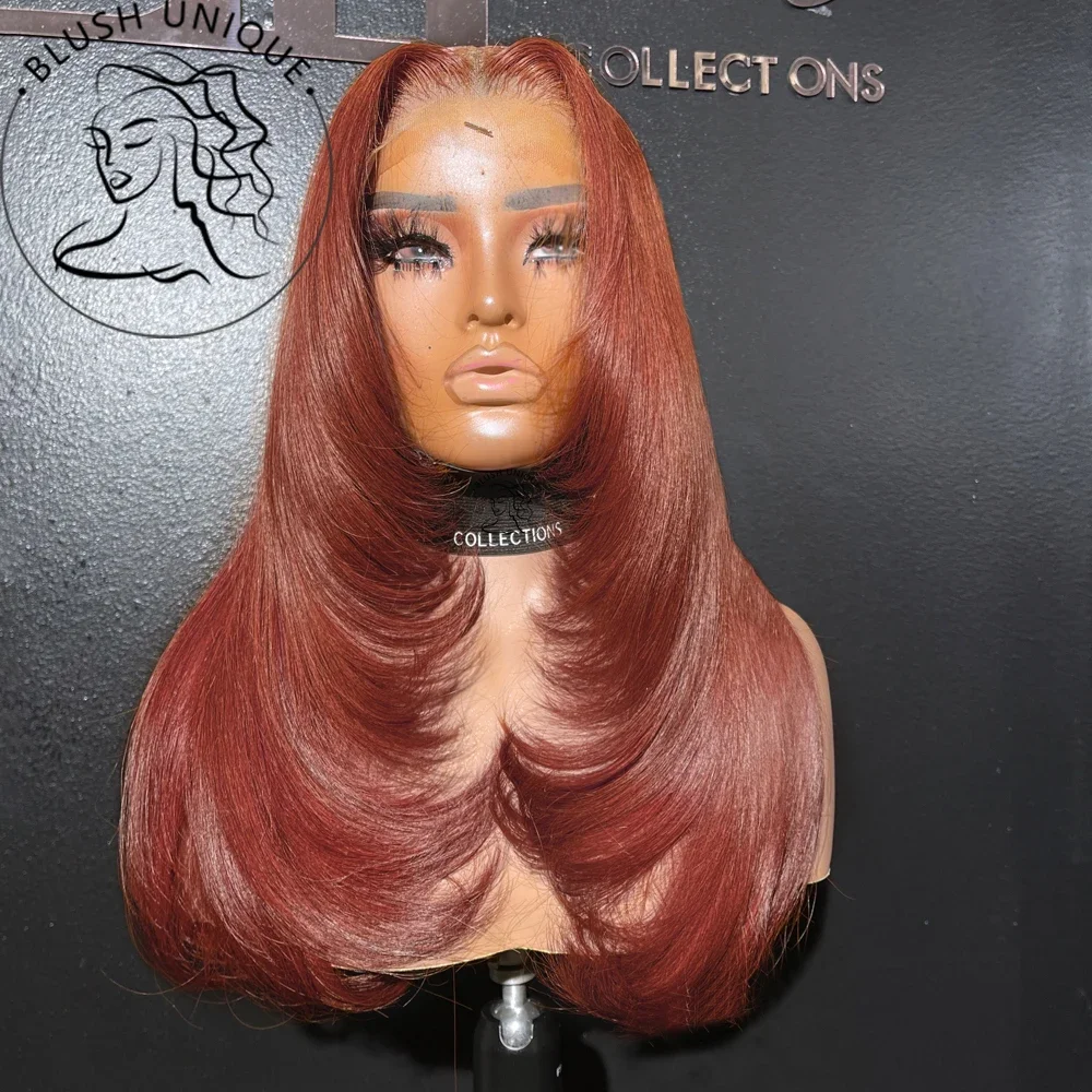 Reddish Brown Straight Layered Lace Front Wigs HD Highlight Layered Cut Lace Wigs Synthetic Glueless Glueless Heat Resistant Wig