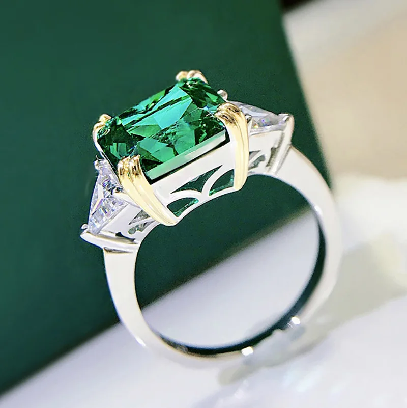 Luomansi 10*10MM Square Emerald Diamond Ring 100%-S925 Silver Jewelry Wedding Cocktail Party Woman Gift