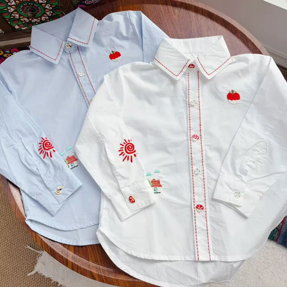 Spring Kids Girl Clothes Boys Tops Cartoon Pattern Embroidery White Shirt Girls' Coat Boys and Girls Stylish White Shirts