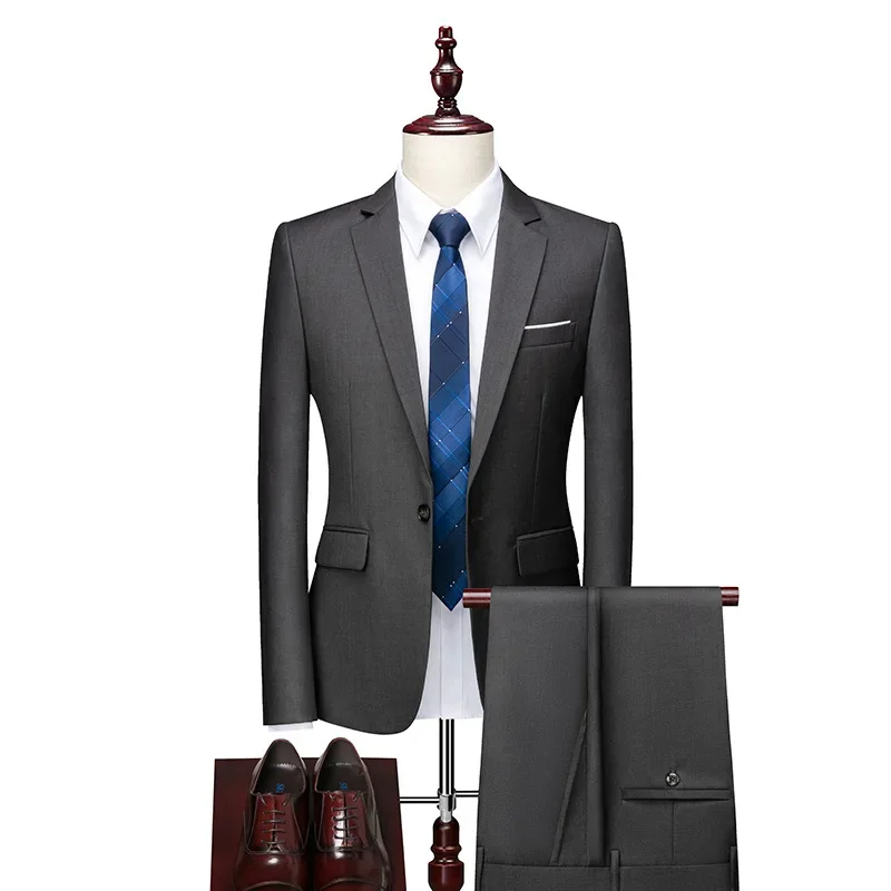 Boutique (Blazer + Trousers) Men's British Style Elegant High-end Simple Casual Gentleman Best Man Suit Two-piece Suit