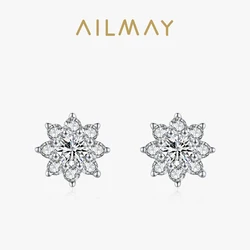 Ailmay Real 925 Sterling Silver Emerald Cut Clear Zircon Charm Sun flower Earrings For Women Wedding Engagement Jewelry Gift