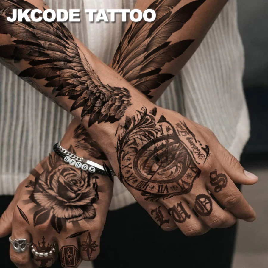 Waterproof arm tattoo for men - street graffiti tattoo 4-piece set - large size wing tattoo - crown, clock, rose tattoo on the back of the hand - cool style tattoo for hands and fingers - casual cool men's hand, neck, and head tattoo - long-lasting waterproof for 3-5 days
