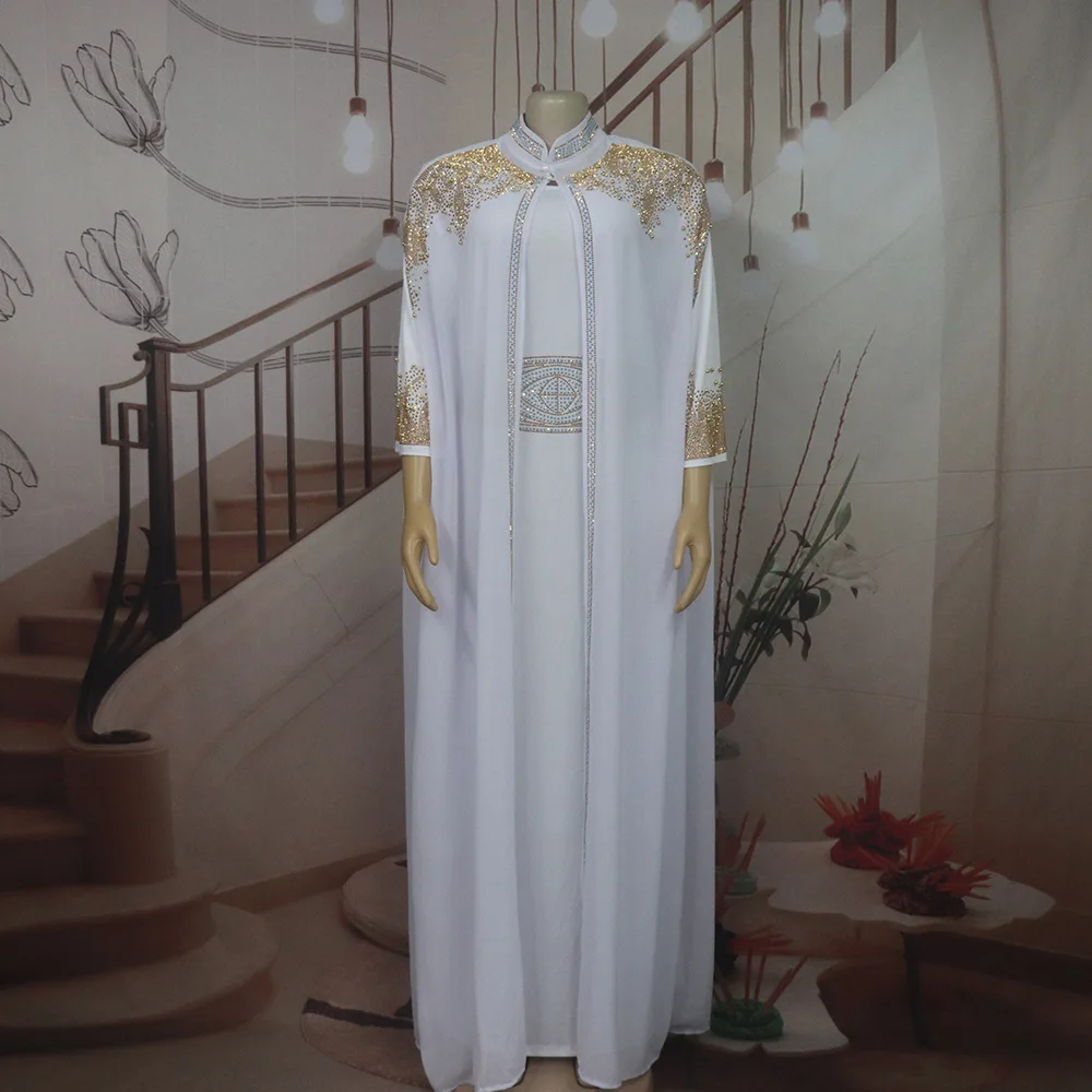 Neu eingetroffen: Afrikanisches zweiteiliges Kleid für Damen, elegantes Luxuskleid mit Strass für die Kirche – Detail 13