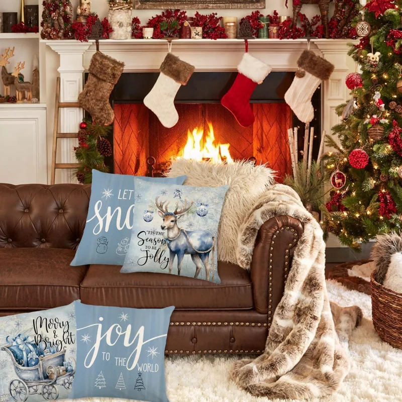 Christmas Pillow Covers 18x18 Reindeer Santa Sleigh Blue Xmas Decorations Winter Holiday Set of 4 for Home Sofa Couch