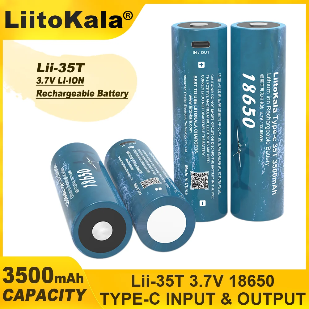 1PCS LiitoKala 35T Type-C 5V Input 3.7V 18650 3500mAh Capacity Rechargeable Lithium USB Battery for Toy Keyboar