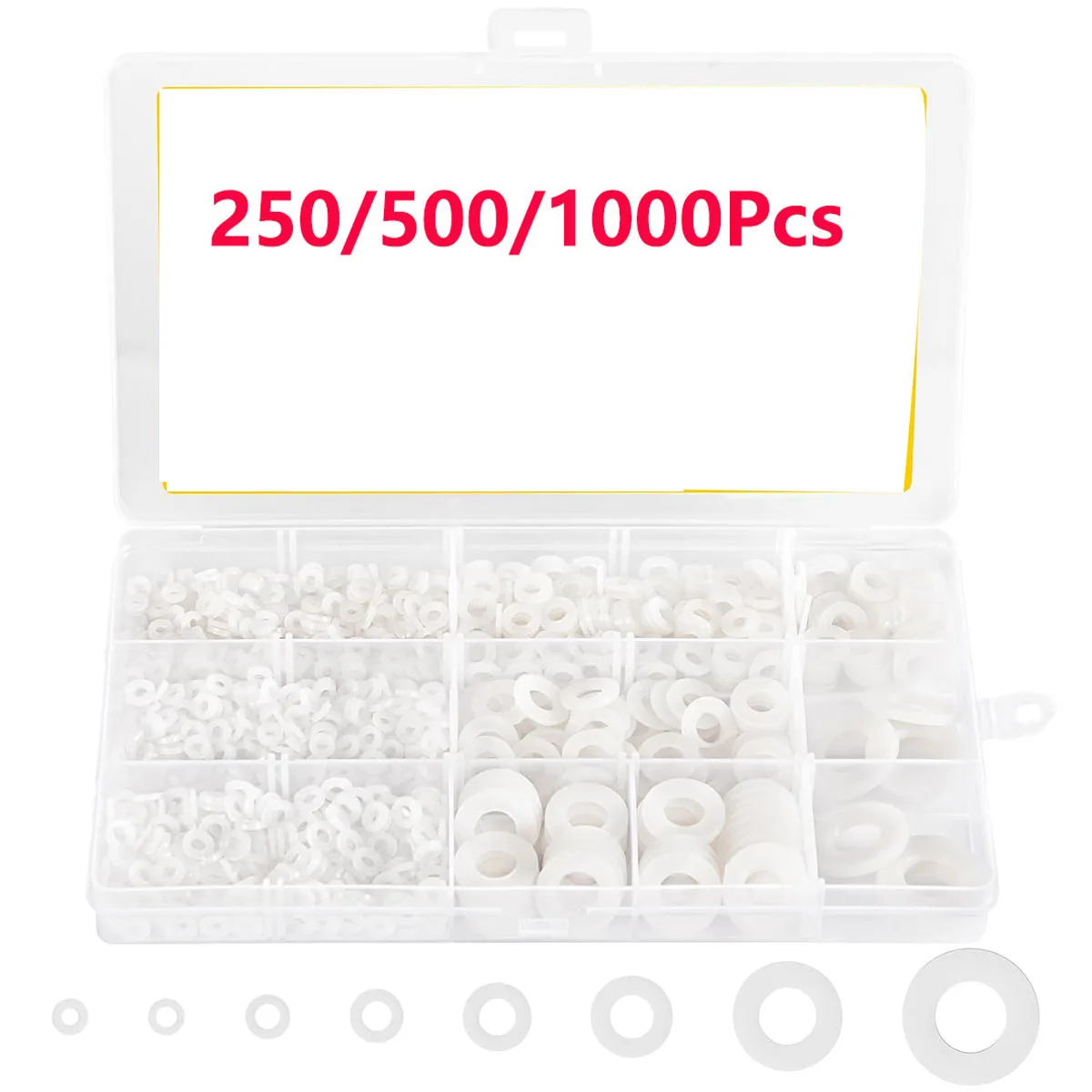 

250/500/1000Pcs White Nylon Flat Washer Assortment Kit O Ring Gasket Insulation for M2 M2.5 M3 M4 M5 M6 M8 M10 Srew Sealing Kit