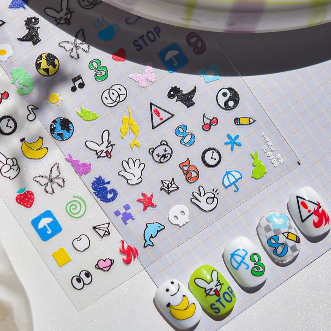 

Hans Fruits Animals Fish Number Eye Time Star Crown Pattern Paper Crane Pencil Dinosaur Heart Nail Art Stickers Manicure Decals