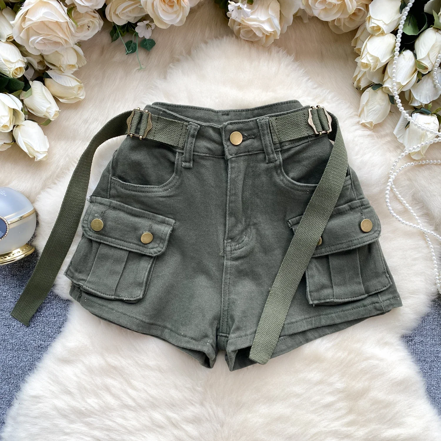 Chic Cargo Shorts Women Pockets Solid Color High Waist Streetwear Womens A-line Hotsweet Korean Style Short Summer ZT289