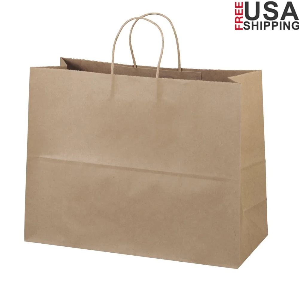 

50 Pcs Durable Kraft Paper Handle Shopping Bags Reusable Gift Grocery Retail Carry Bags 16x6x12 Inch Food Storage