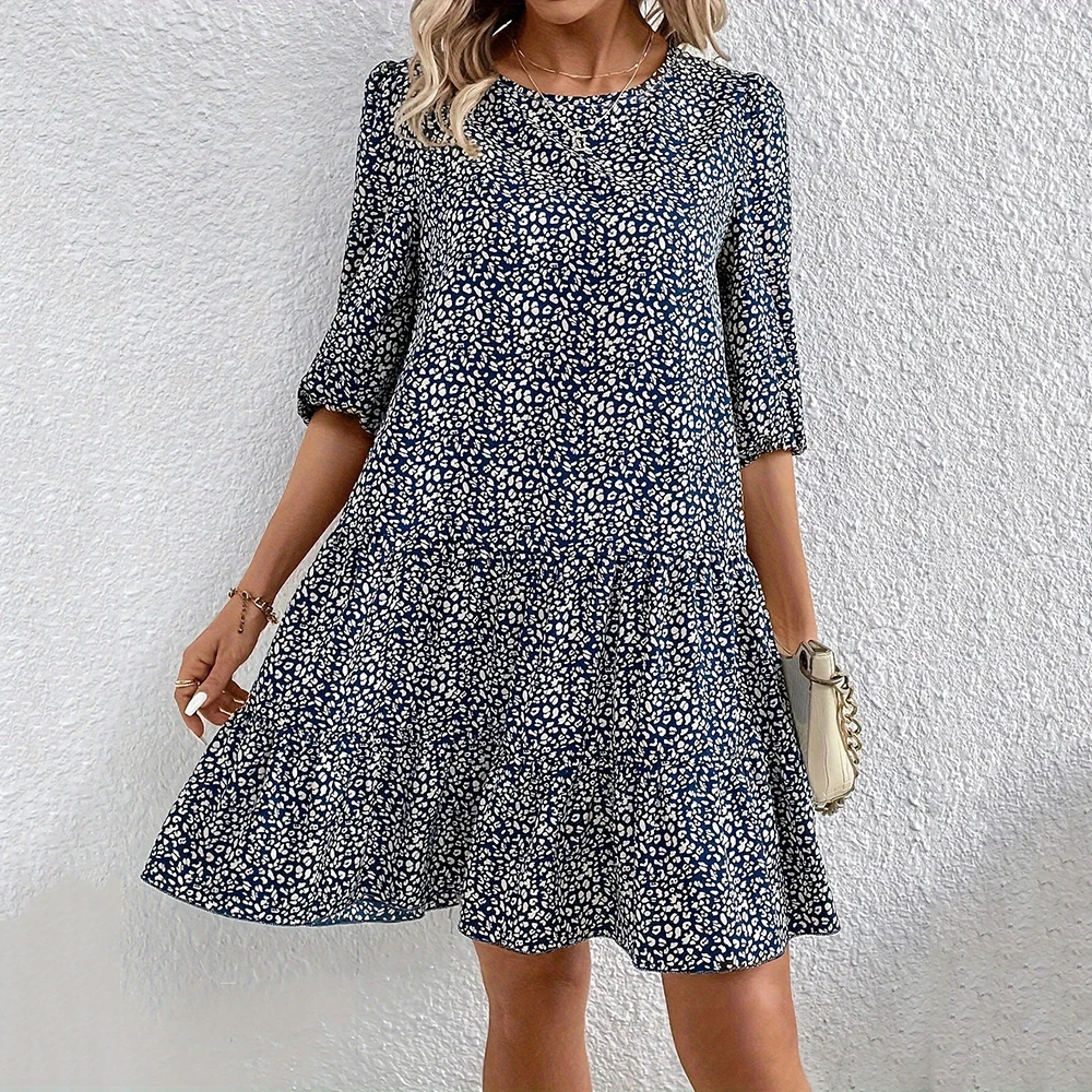 Fashion Half Sleeve Floral Midi Dress Women 2024 Summer Vintage Elegant Sundress Office Casual Office Ladies Dresses For Women