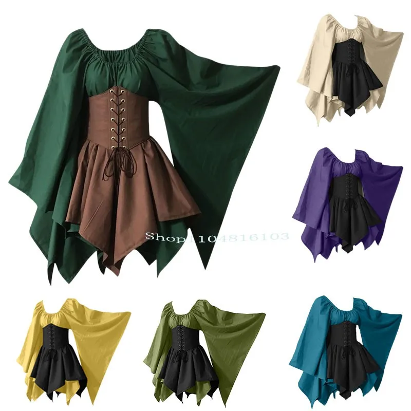 

Medieval Cos Corset Dress Renaissance Fairy Elf Robin Hood Cosplay Costumes Halloween Women Flare Sleeve Gown Party A Line Dress