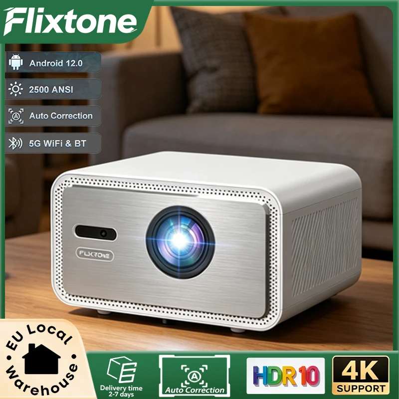 Proyectores Flixtone D9W Mini HDR10 2500 ANSI Full HD 1080P 4K, proyectores para reuniones familiares, proyector de nivel cinematográfico para exteriores, compatible con WiFi rojo y azul, proyector de juegos Android 3D