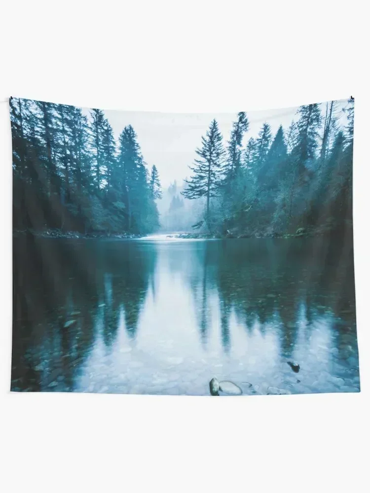 Forest Mountain Fog - Blue Lake Reflection Tapestry Room Decore Aesthetic Home Decoration Tapestry