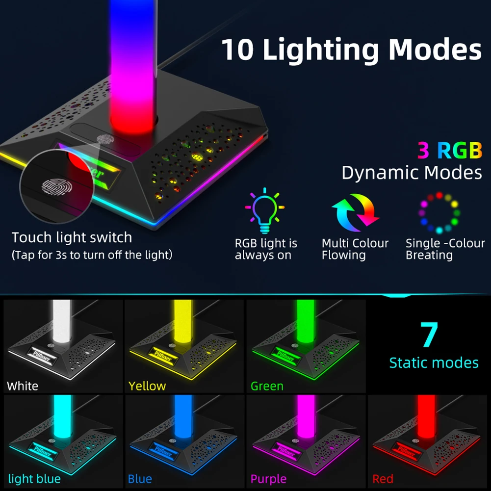 RGB ゲーミングヘッドフォンスタンドデュアル USB ポートプラスチックデスクトップディスプレイホルダー 3.5 ミリメートルオーディオタッチコントロールイヤホンアクセサリー