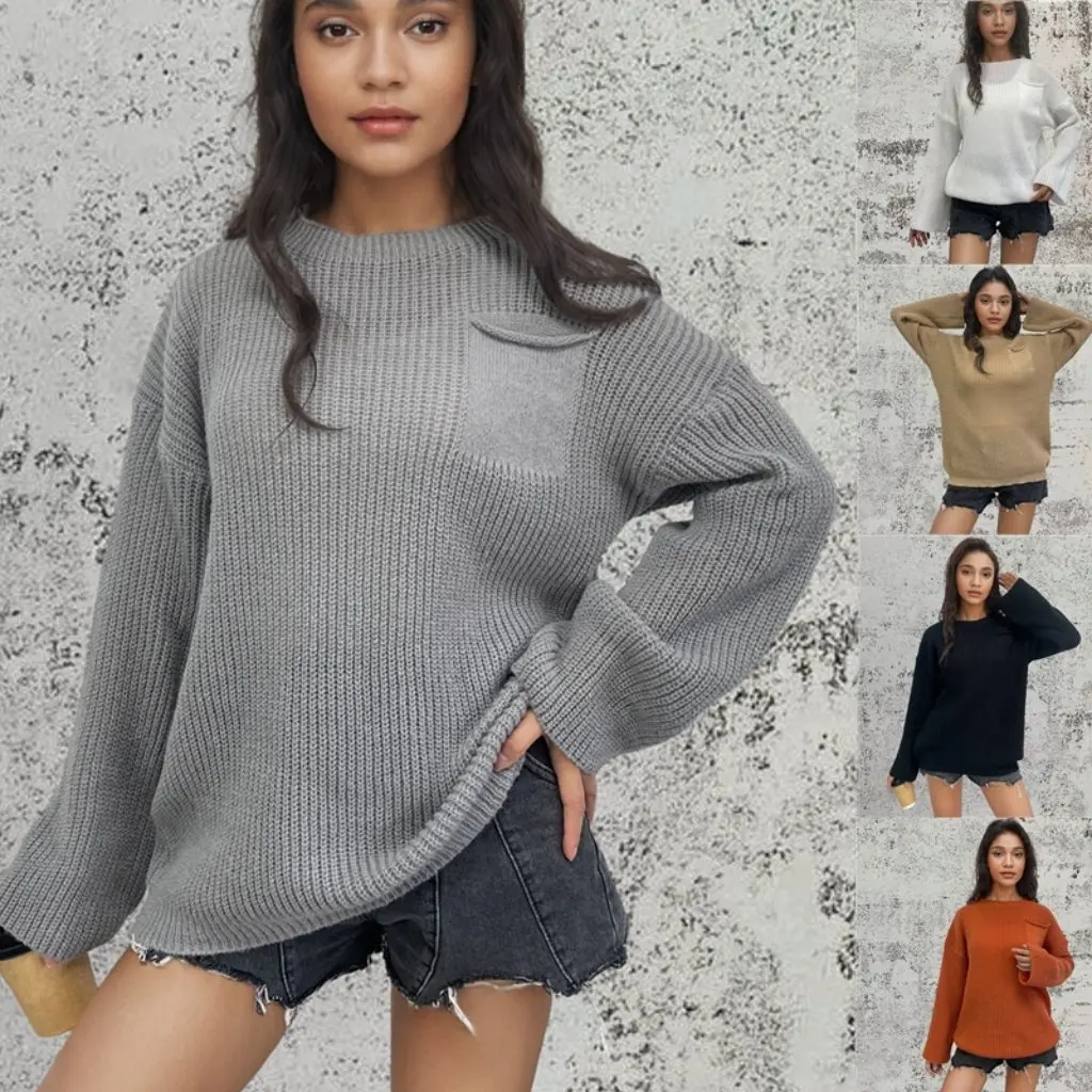

Women's round Neck Pocket Sweater Autumn Winter Solid Color Long Sleeve Loose Top European Style Fashion