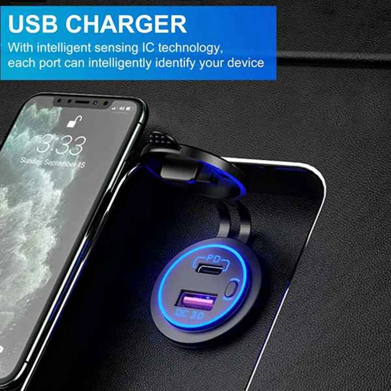 مقبس مأخذ طاقة بمفتاح تشغيل/إيقاف للسيارة ، شاحن سيارة USB من النوع C ، شاحن سريع QC ، 12 فولت ، 4 مجموعة