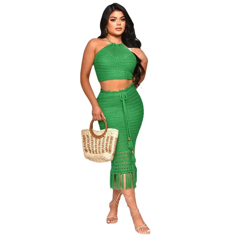 Streetwear Crochet 2 Piece Sets Women Outfit Summer Y2K Clothes Halter Crop Top Tassel Skirt Suit Dress Sets Women Two Piece Set