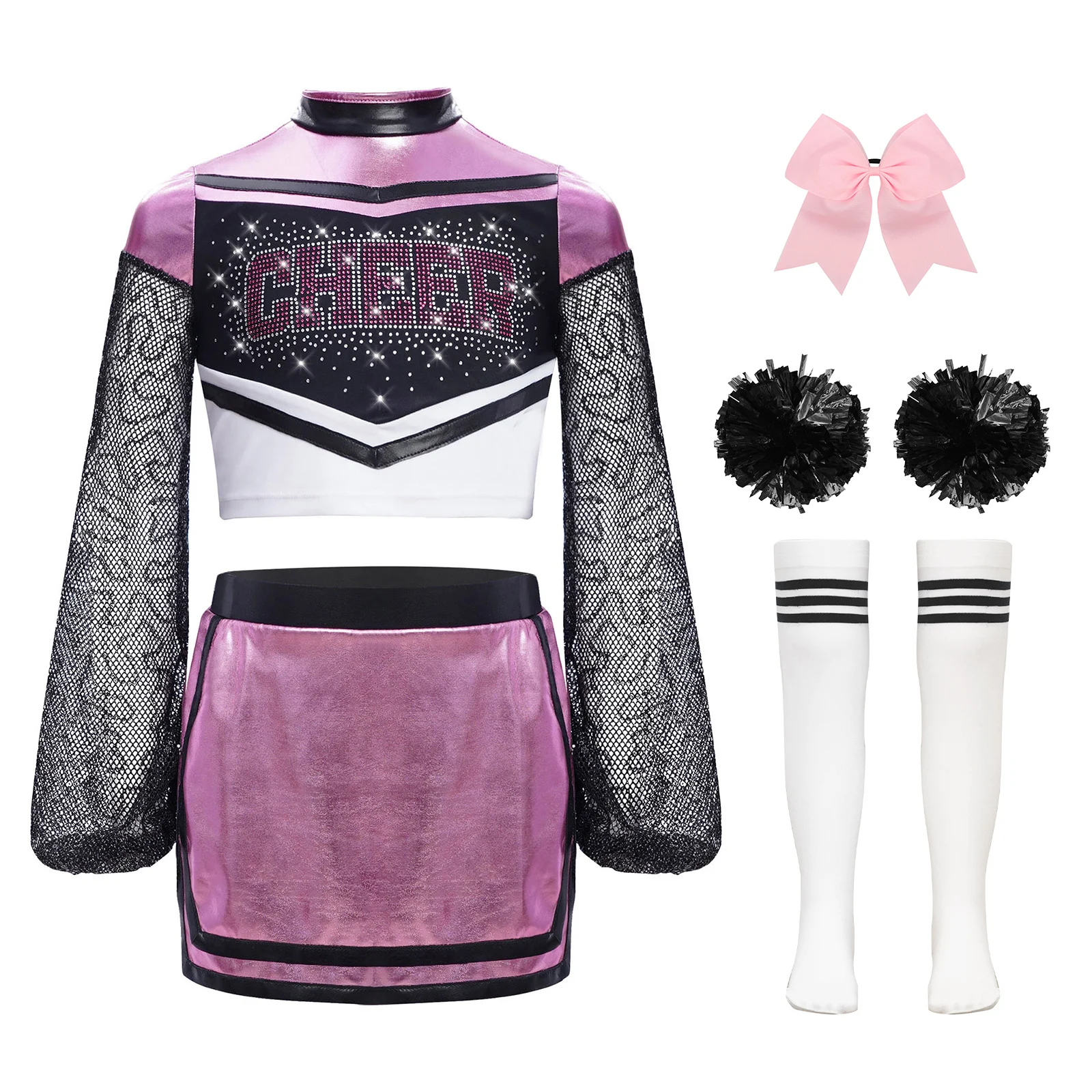 

Girls Cheerleading Dance Outfit Long Sleeve Cheer Leader Dance Costume Hollow Out Mesh Rhinestone Crop Top+Skirt+Accessories Set