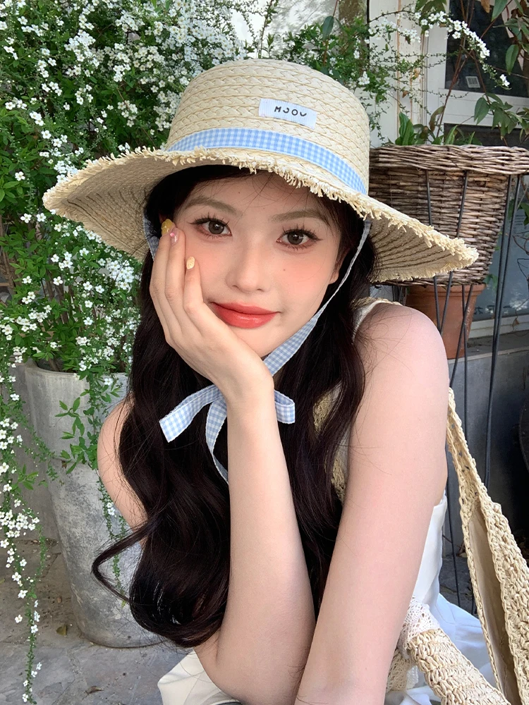 Summer Beach Vacation Women's Straw Hat with Ribbon Tie Flat Top Large Brim Sunshade Beach Hat Sweet Cute Style Teenager Suit...