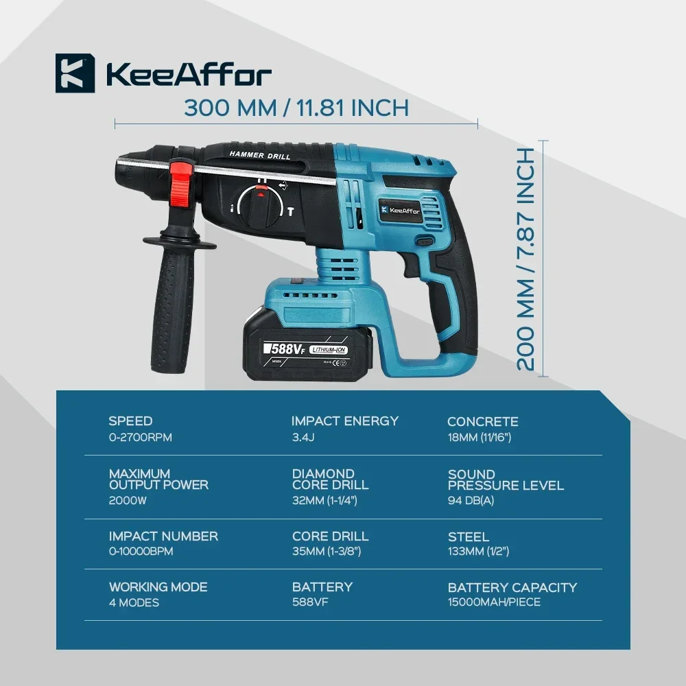 KEEAFFOR 2000W 10000BPM Brushless Cordless Electric Hammer Rechargeable Rotary Hammer Drill Impact Drill For Makita 18V Battery